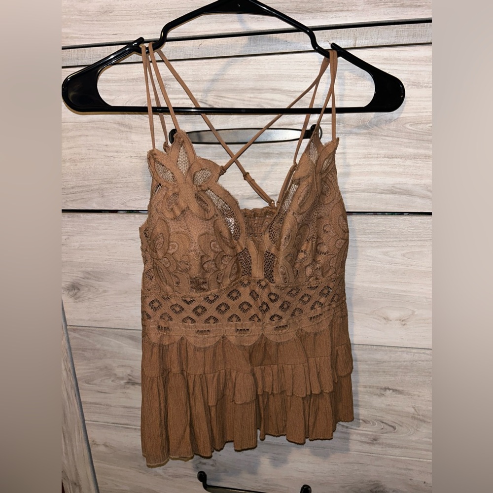 Light brown ruffled, and lace blouse